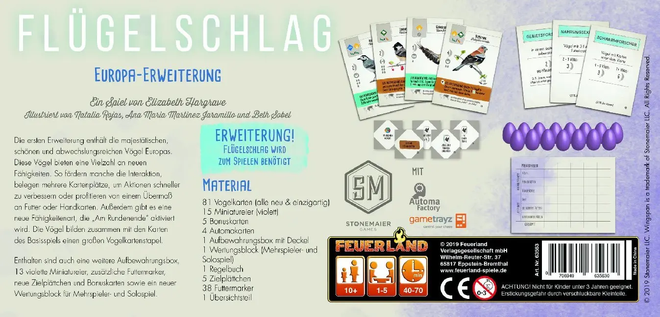 Bild: 706949635630 | Flügelschlag, Europa-Erweiterung (Spiel-Zubehör) | Elizabeth Hargrave