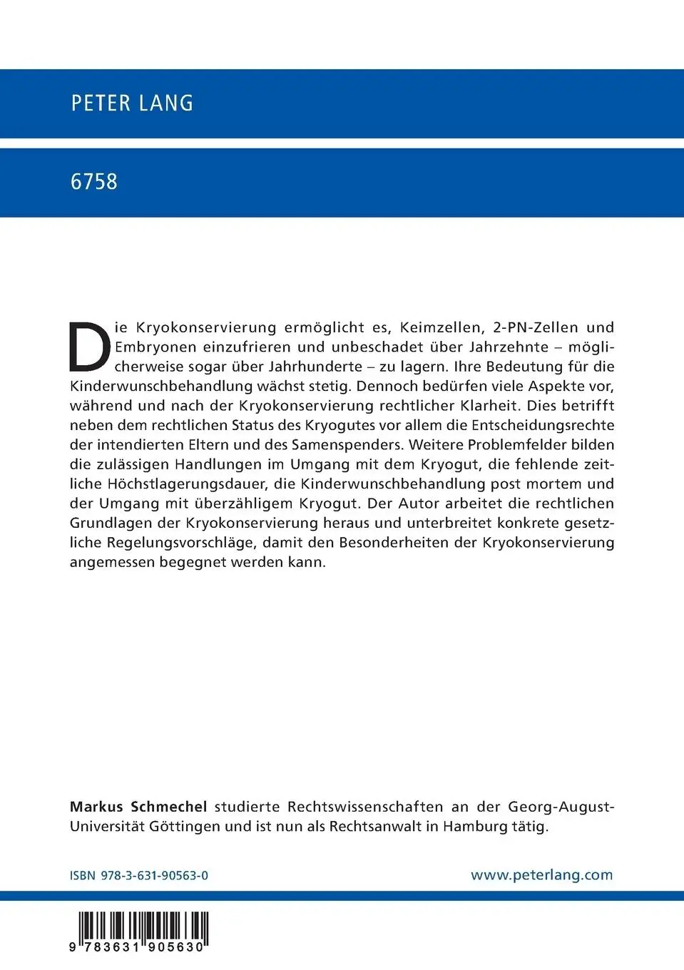 Rückseite: 9783631905630 | Kryokonservierung und Recht | Markus Schmechel | Taschenbuch | Deutsch