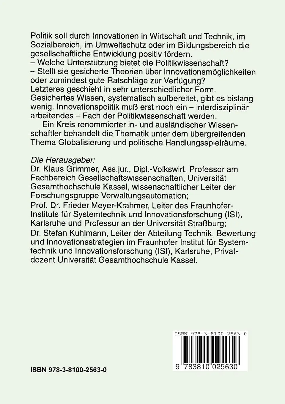Rückseite: 9783810025630 | Innovationspolitik in globalisierten Arenen | Klaus Grimmer (u. a.)