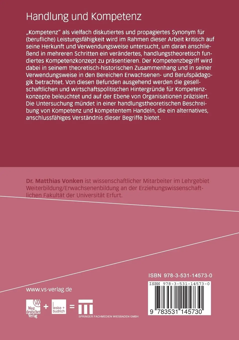 Rückseite: 9783531145730 | Handlung und Kompetenz | Matthias Vonken | Taschenbuch | viii | 2005