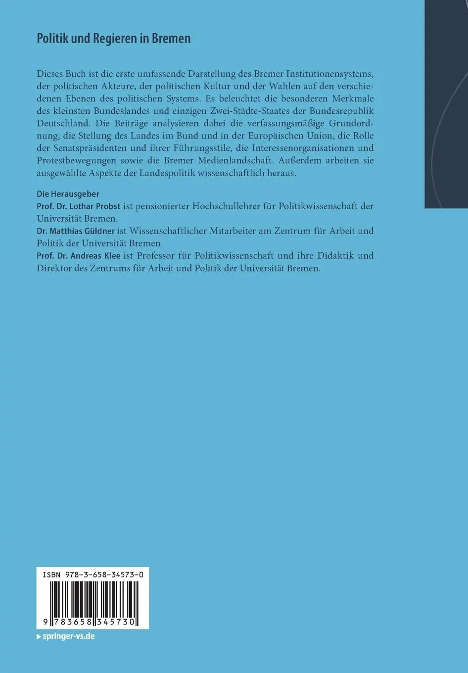 Rückseite: 9783658345730 | Politik und Regieren in Bremen | Lothar Probst (u. a.) | Taschenbuch