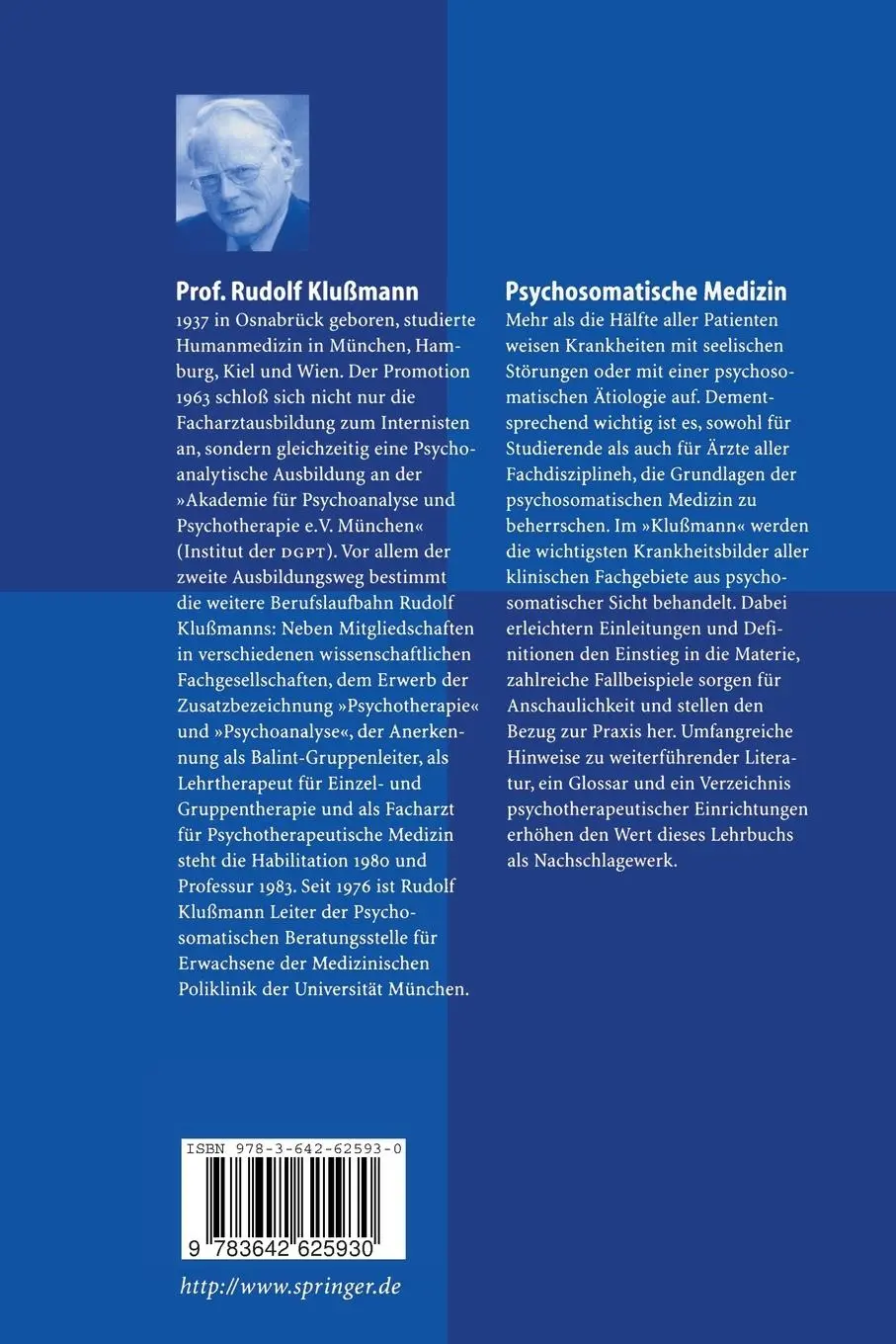 Rückseite: 9783642625930 | Psychosomatische Medizin | Rudolf Klußmann | Taschenbuch | xxiv | 2012