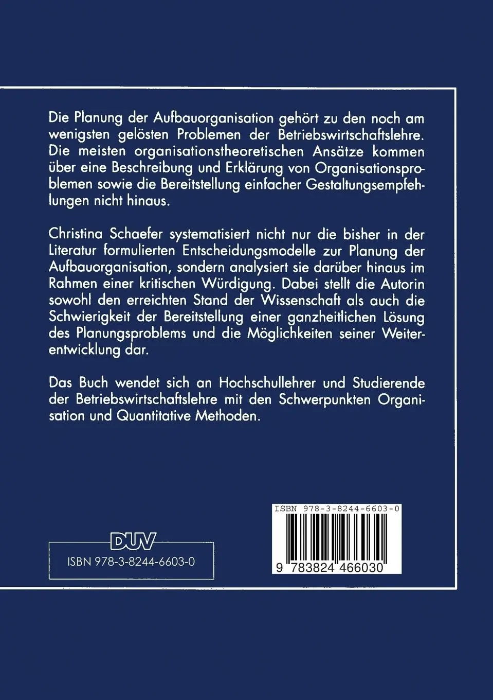 Rückseite: 9783824466030 | Quantitative Ansätze zur Planung der Aufbauorganisation | Schaefer