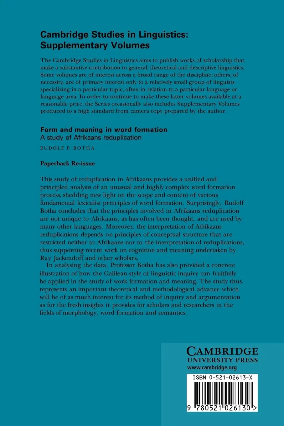 Rückseite: 9780521026130 | Form and Meaning in Word Formation | Rudolf P. Botha (u. a.) | Buch