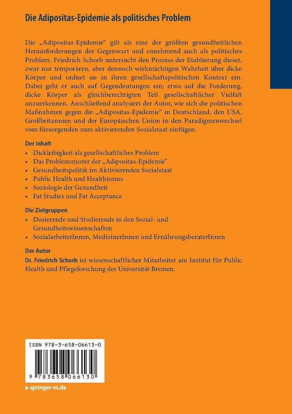 Rückseite: 9783658066130 | Die Adipositas-Epidemie als politisches Problem | Friedrich Schorb