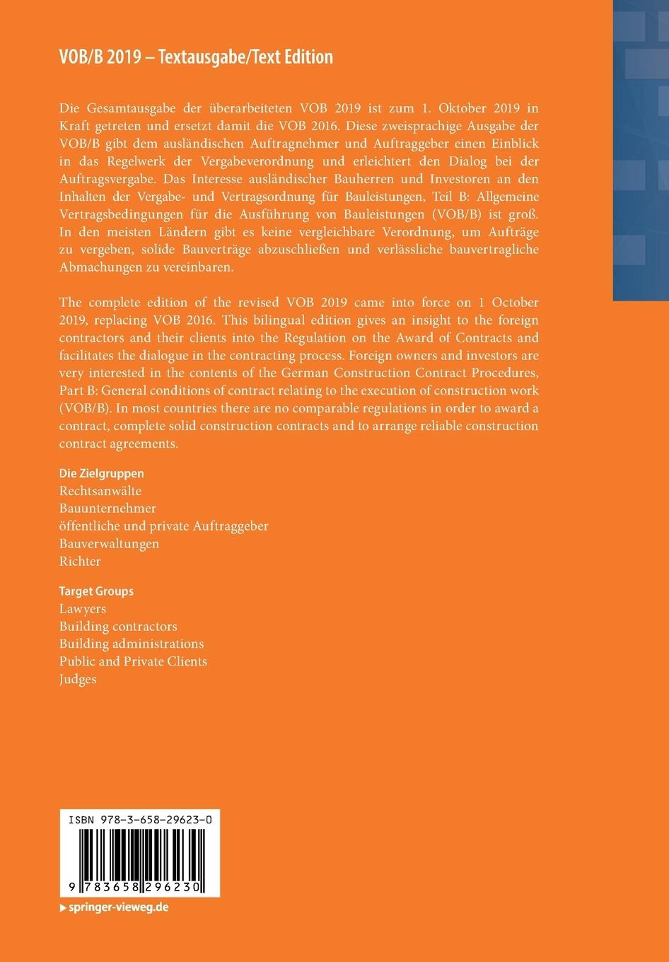 Rückseite: 9783658296230 | VOB/B 2019 - Textausgabe/Text Edition | Springer Fachmedien | Buch