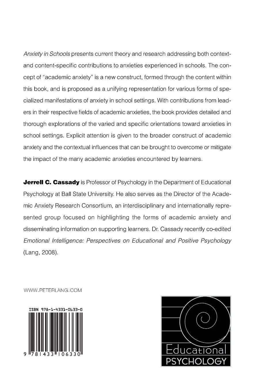 Rückseite: 9781433106330 | Anxiety in Schools | Jerrell C. Cassady | Taschenbuch | Englisch