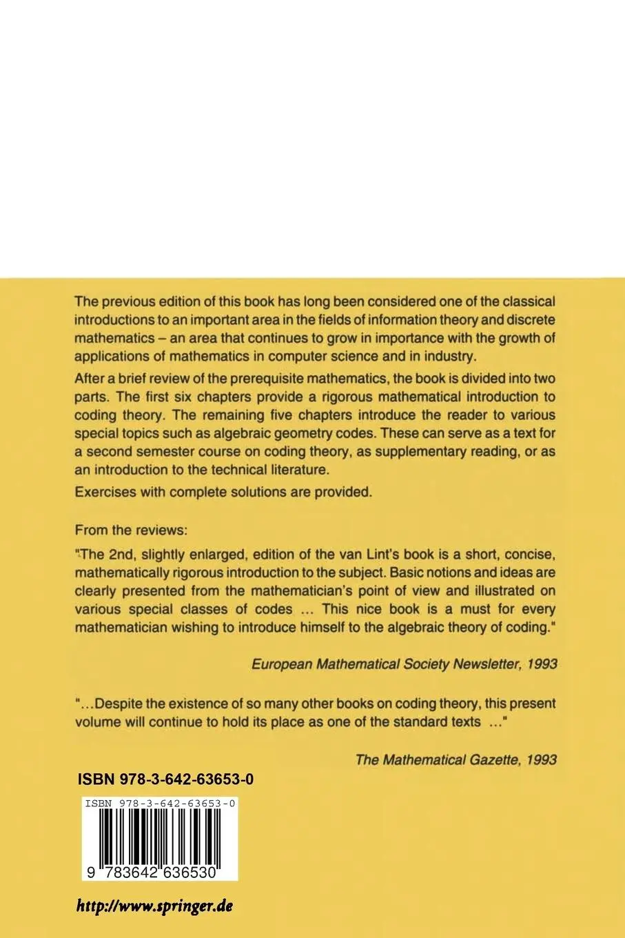 Rückseite: 9783642636530 | Introduction to Coding Theory | J. H. Van Lint | Taschenbuch | xiv