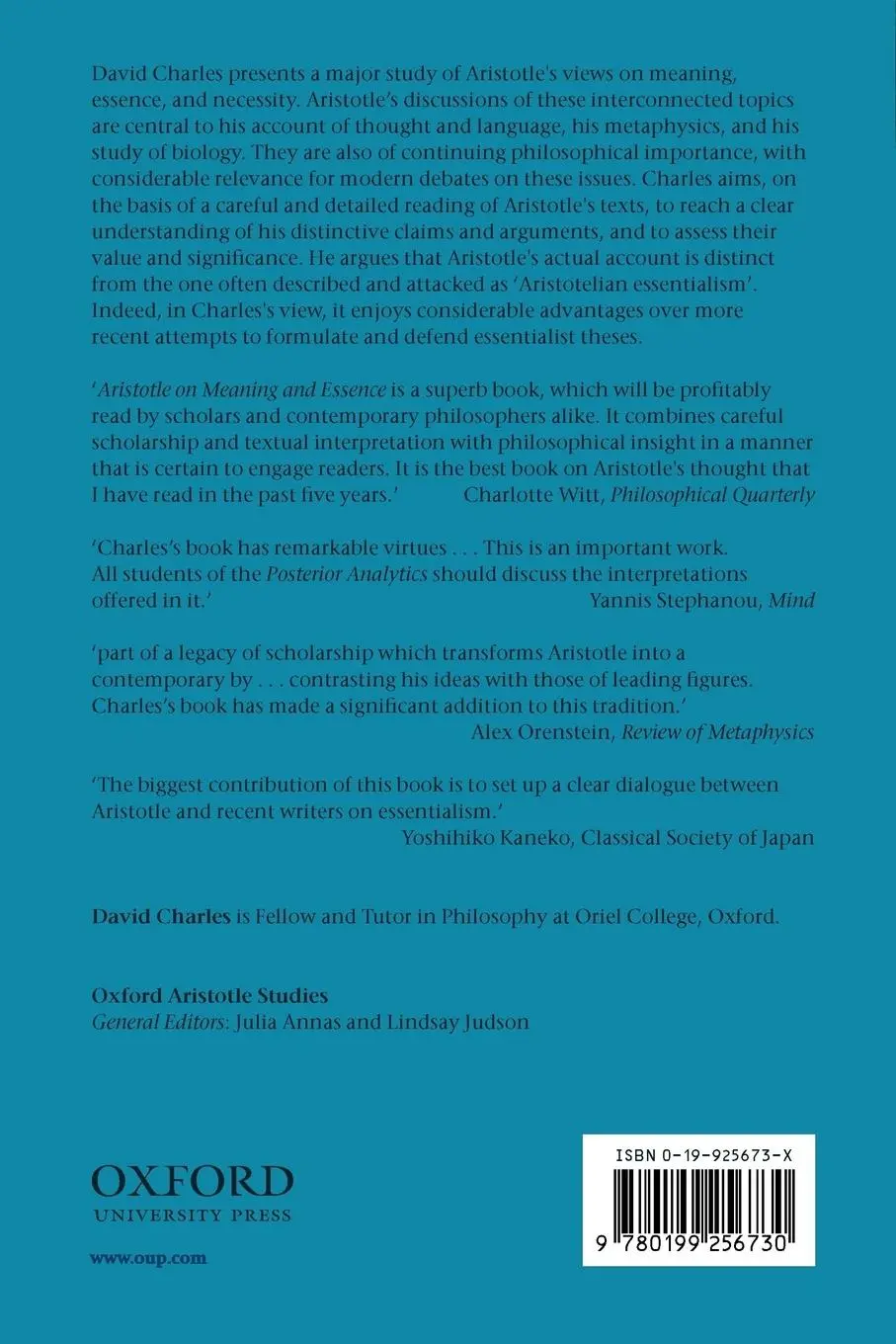 Rückseite: 9780199256730 | Aristotle on Meaning and Essence | David Charles | Taschenbuch | 2002