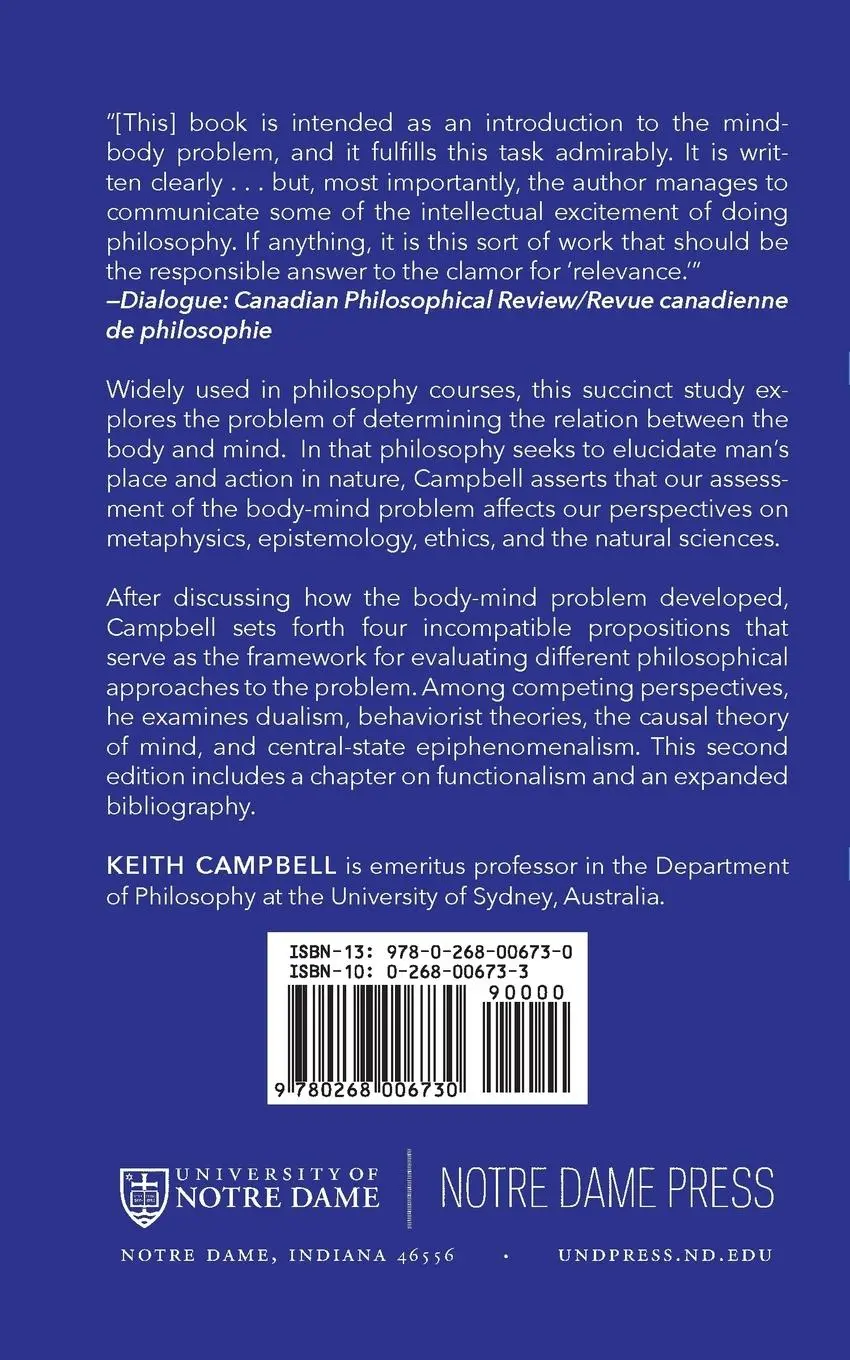 Rückseite: 9780268006730 | Body and Mind | Second Edition | Keith Campbell | Taschenbuch | 1984