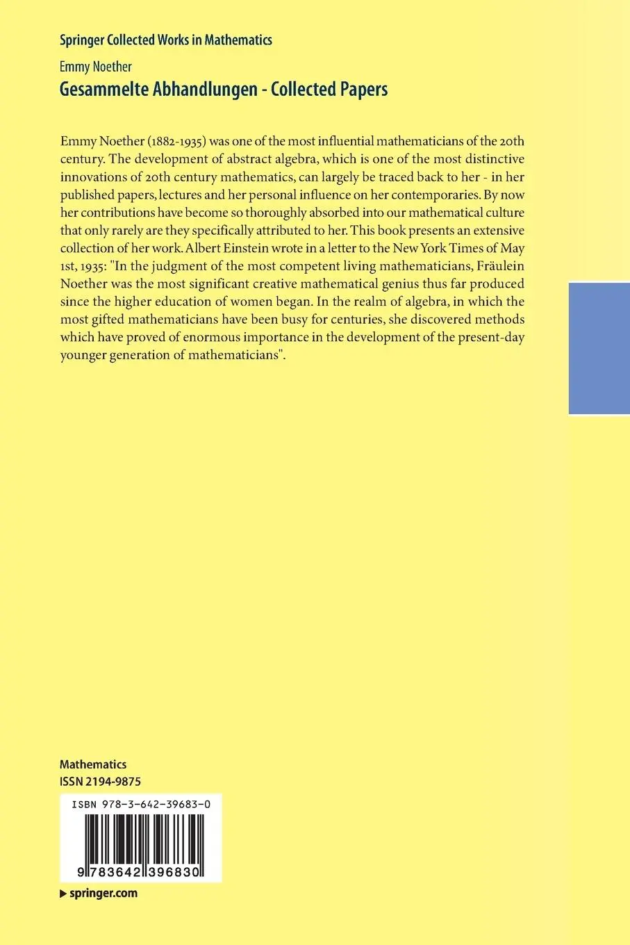 Rückseite: 9783642396830 | Gesammelte Abhandlungen - Collected Papers | Emmy Noether | Buch | x