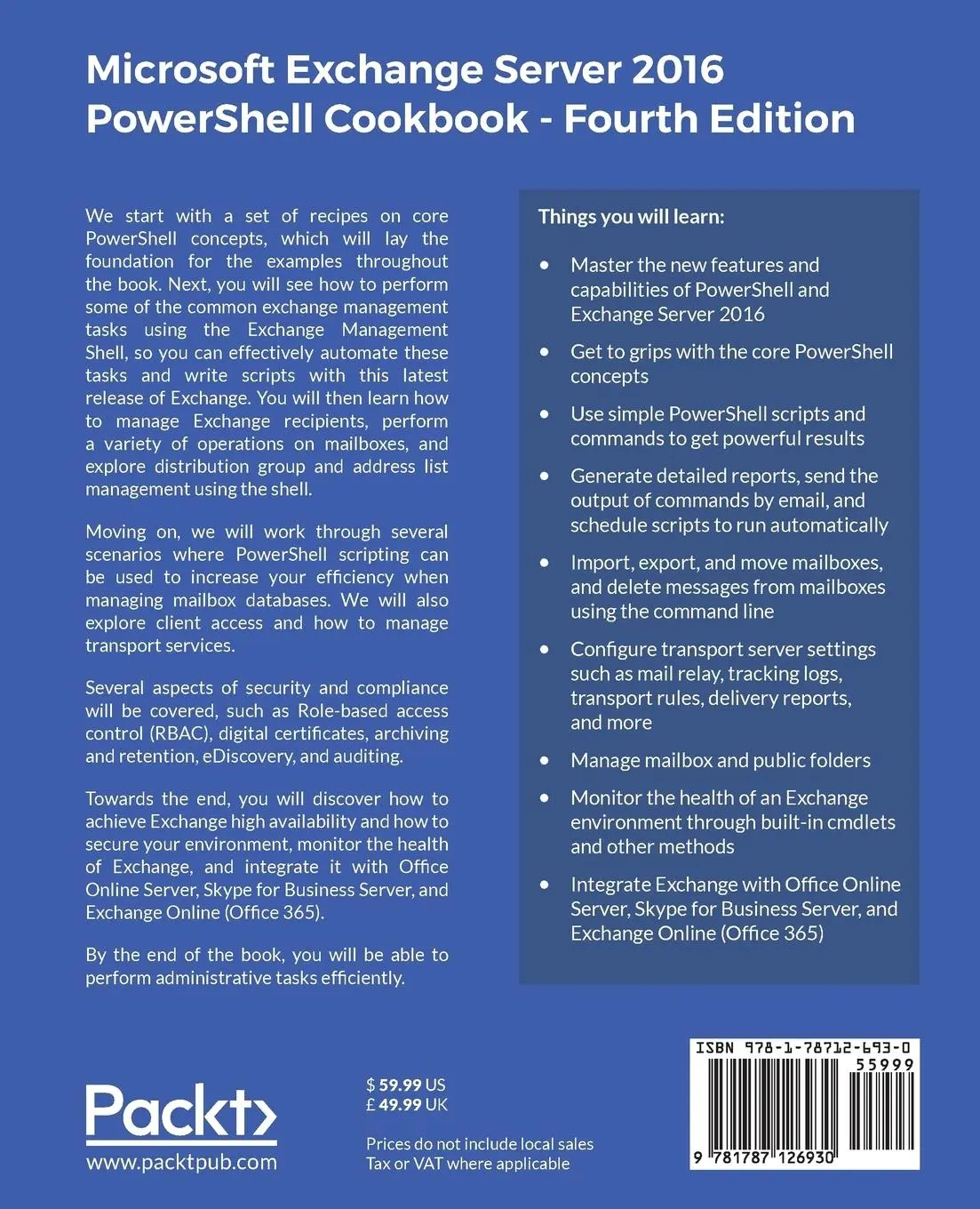 Rückseite: 9781787126930 | Microsoft Exchange Server 2016 PowerShell Cookbook - Fourth Edition