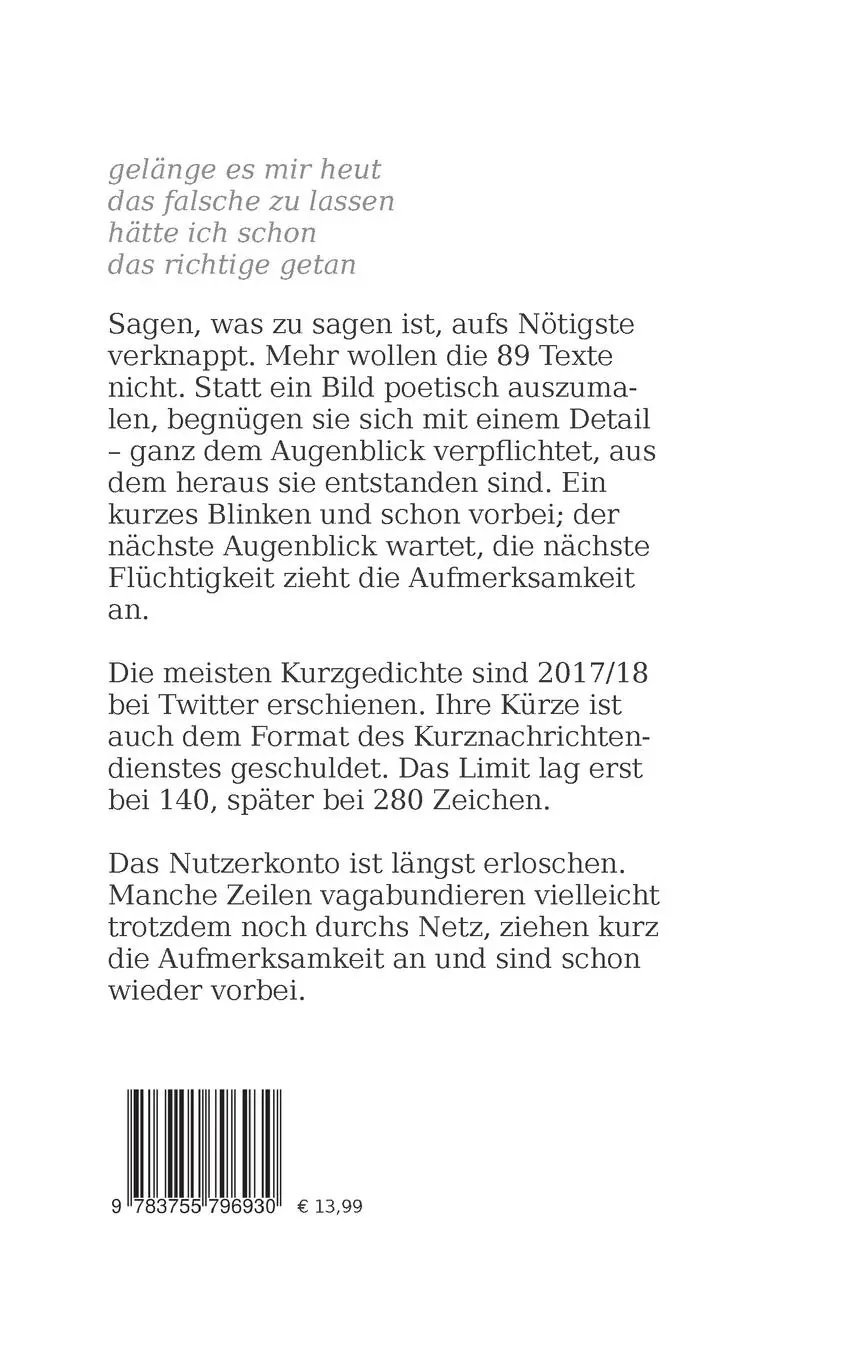 Rückseite: 9783755796930 | Gelänge es mir heut | 89 Kurze Texte | Marco Schreiber | Taschenbuch