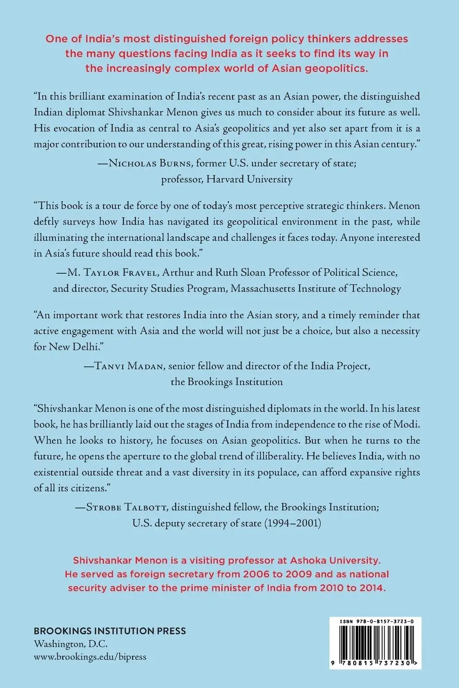 Rückseite: 9780815737230 | India and Asian Geopolitics | The Past, Present | Shivshankar Menon