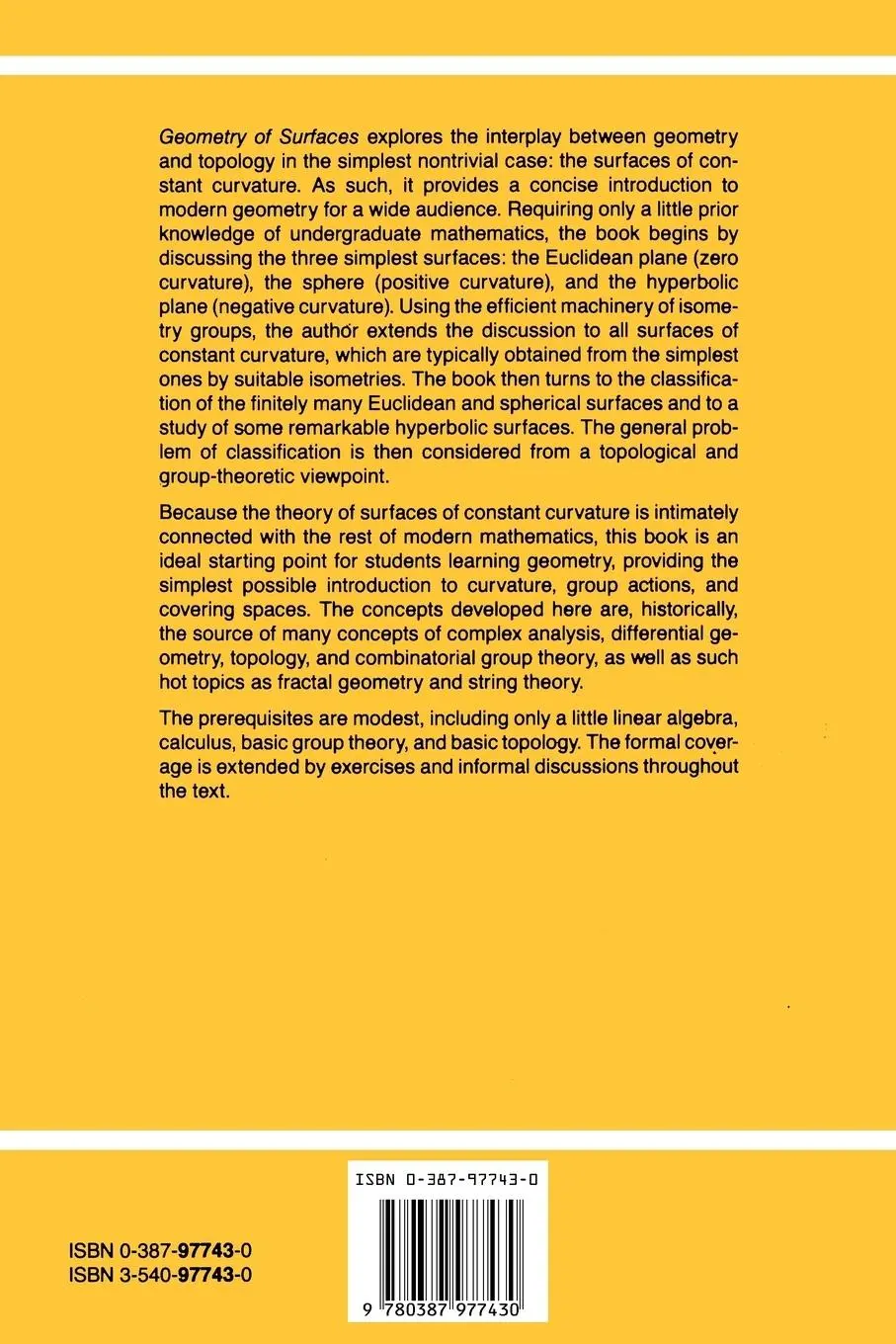 Rückseite: 9780387977430 | Geometry of Surfaces | John Stillwell | Taschenbuch | Universitext