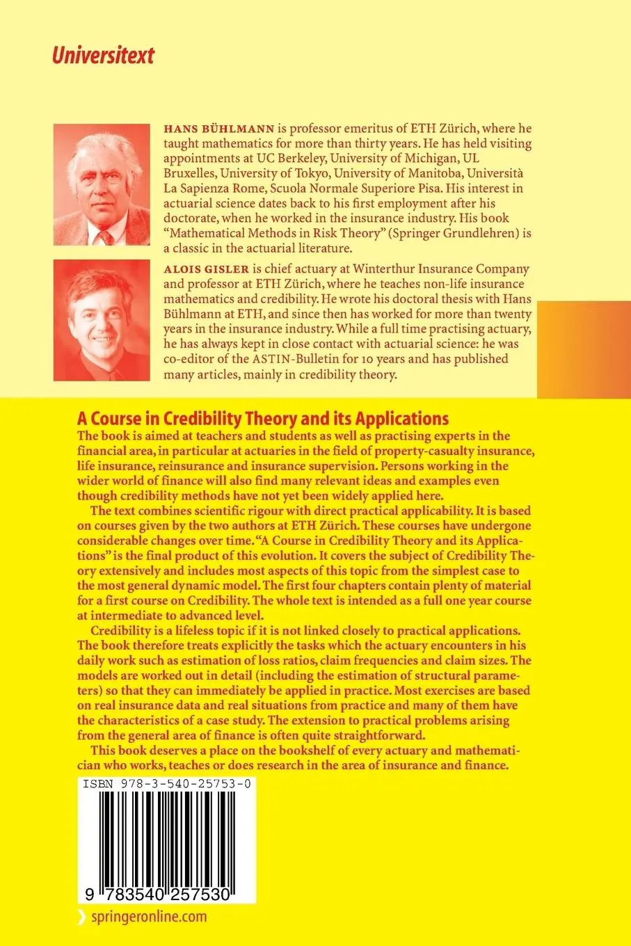 Rückseite: 9783540257530 | A Course in Credibility Theory and its Applications | Gisler (u. a.)