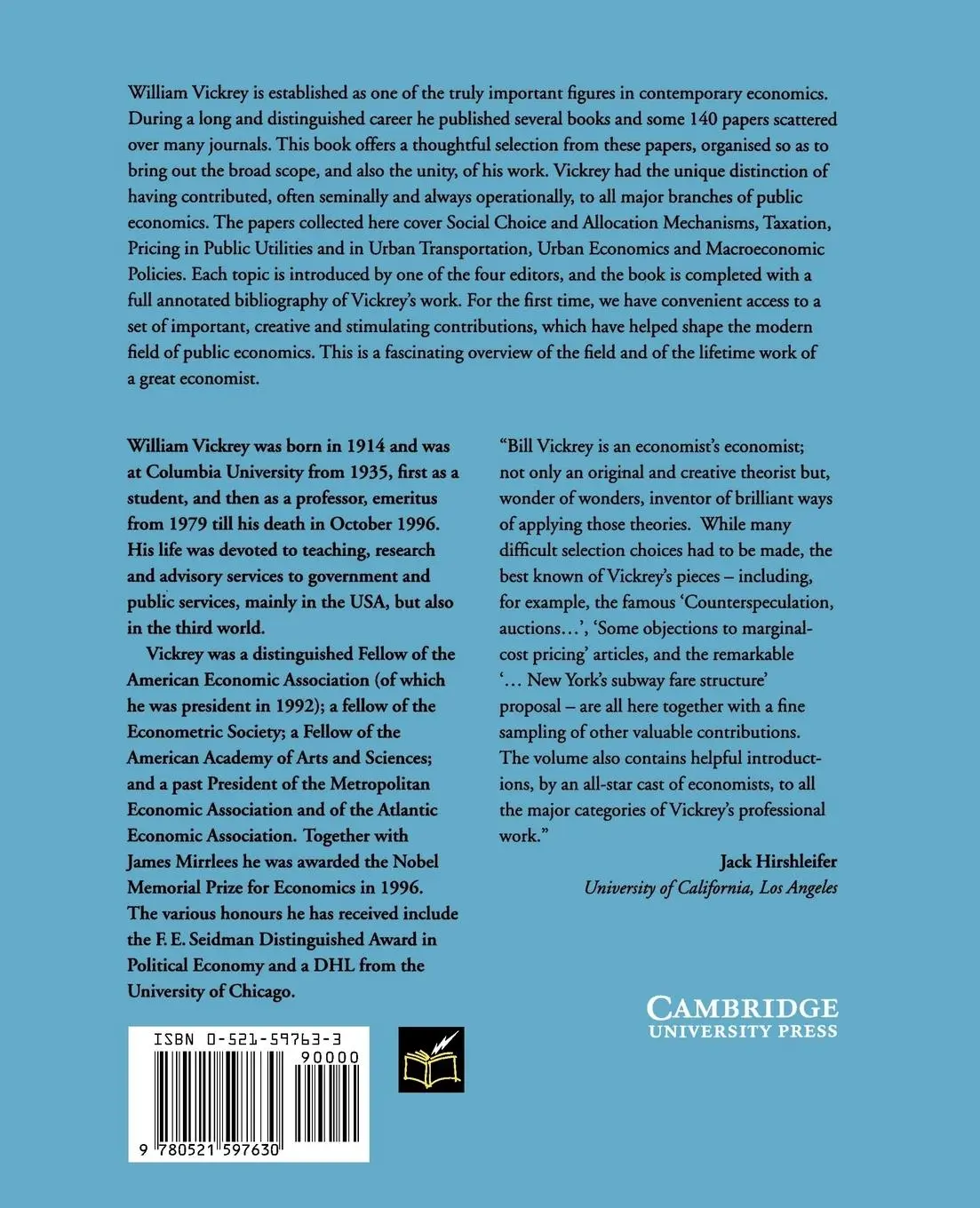 Rückseite: 9780521597630 | Public Economics | Selected Papers by William Vickrey | Vickrey | Buch