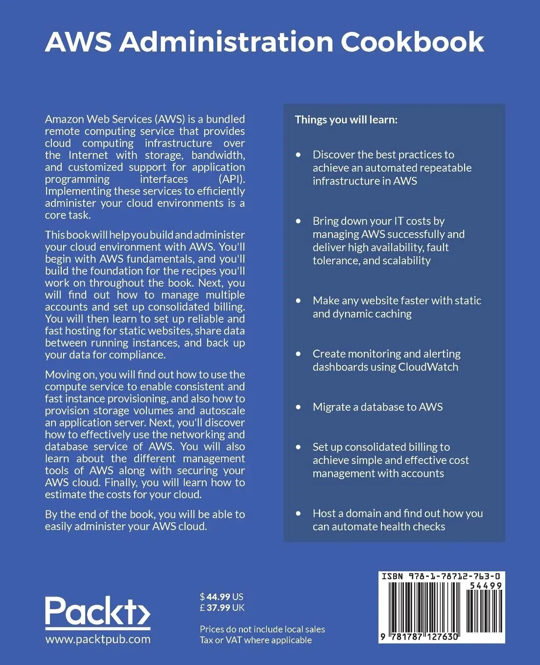 Rückseite: 9781787127630 | AWS Administration Cookbook | Rowan Udell (u. a.) | Taschenbuch | 2017