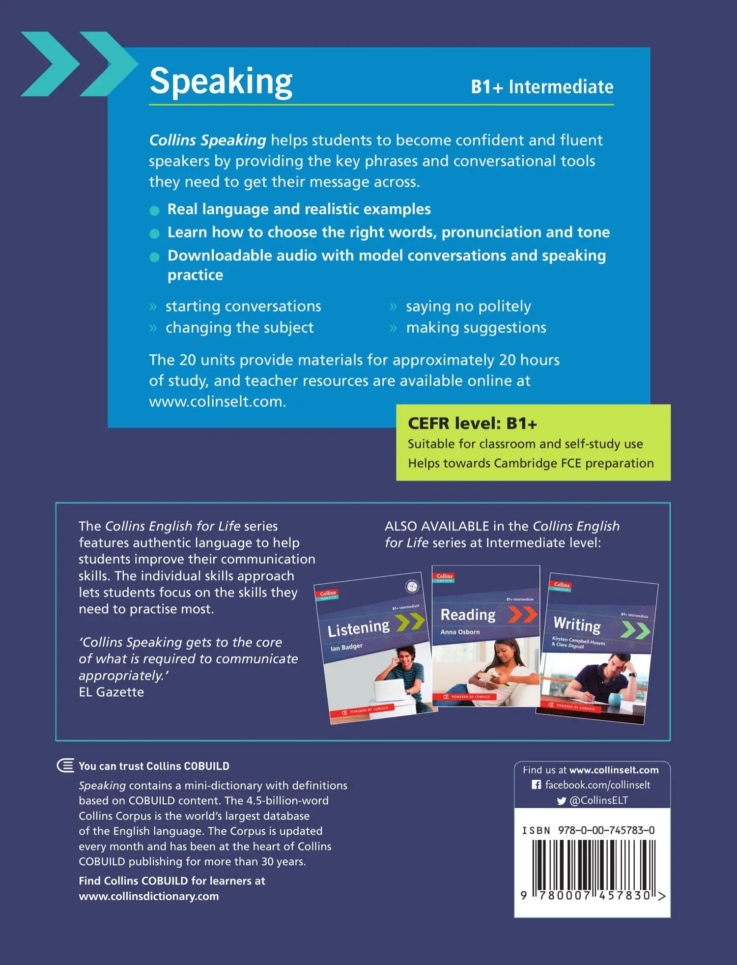 Rückseite: 9780007457830 | Speaking | B1+ | Cheryl Pelteret | Taschenbuch | Englisch | 2012