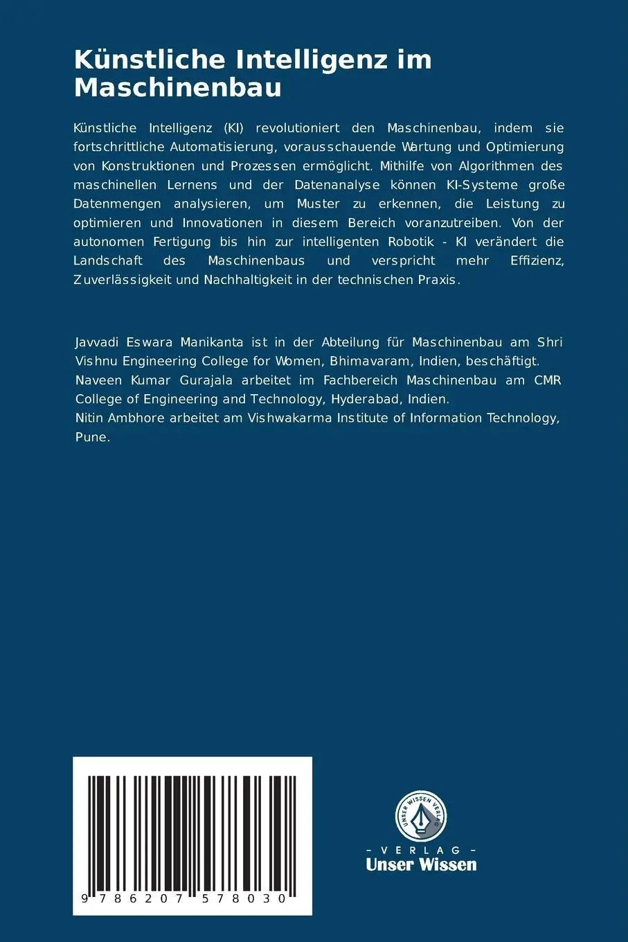Rückseite: 9786207578030 | Künstliche Intelligenz im Maschinenbau | Manikanta (u. a.) | Buch