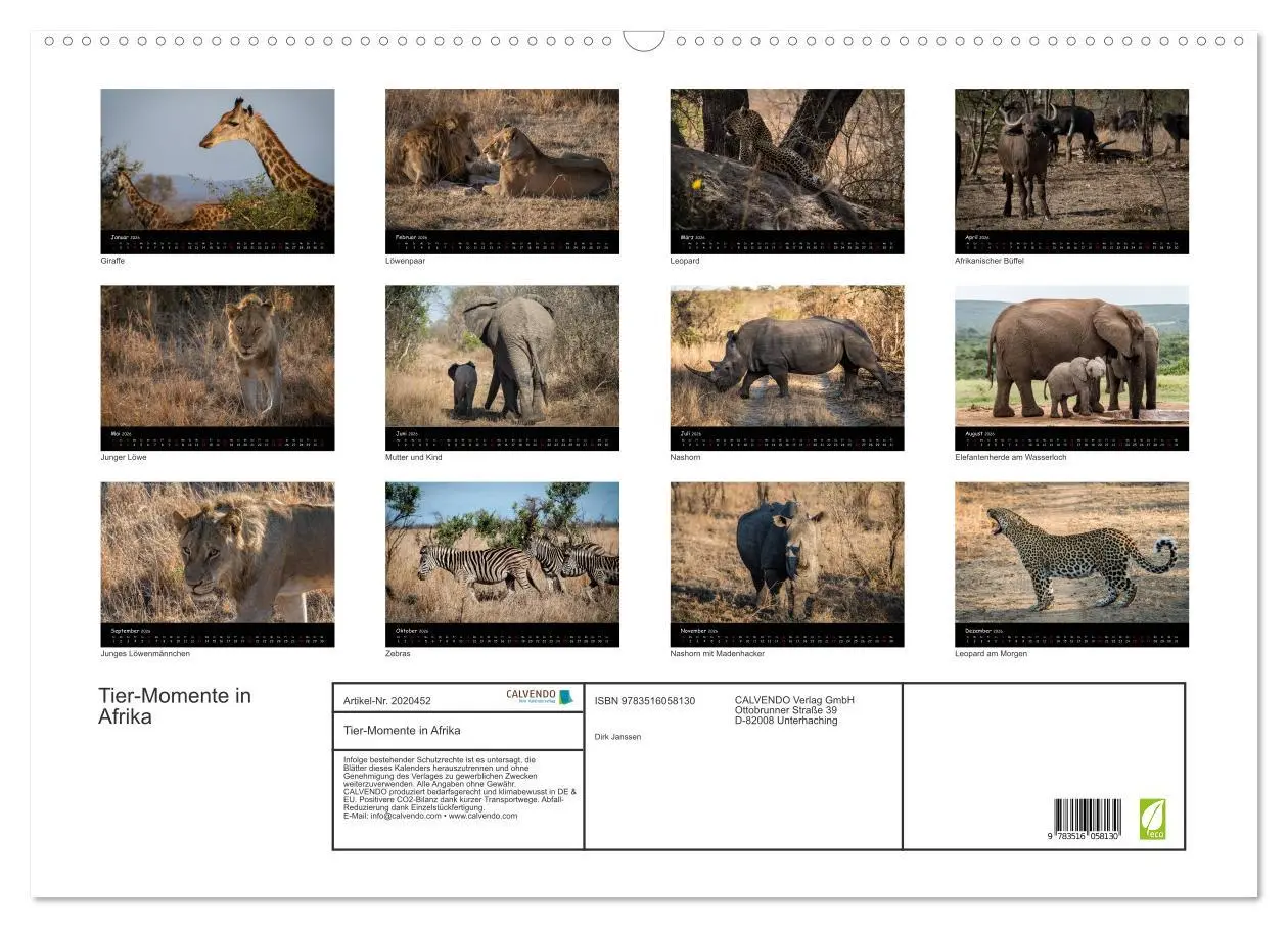 Bild: 9783516058130 | Tier-Momente in Afrika (Wandkalender 2026 DIN A2 quer), CALVENDO...