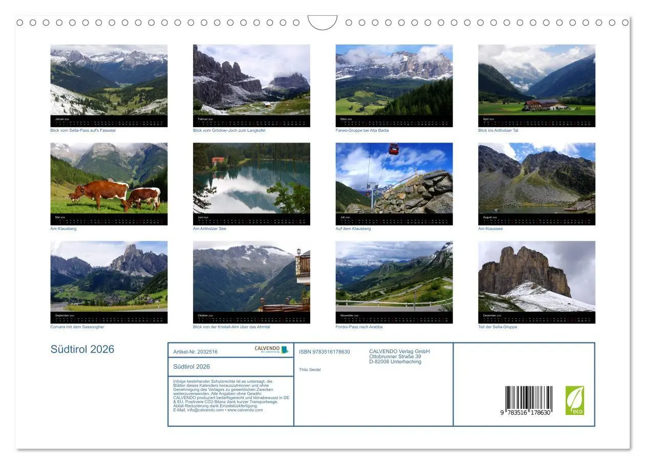 Bild: 9783516178630 | Südtirol 2026 (Wandkalender 2026 DIN A3 quer), CALVENDO Monatskalender