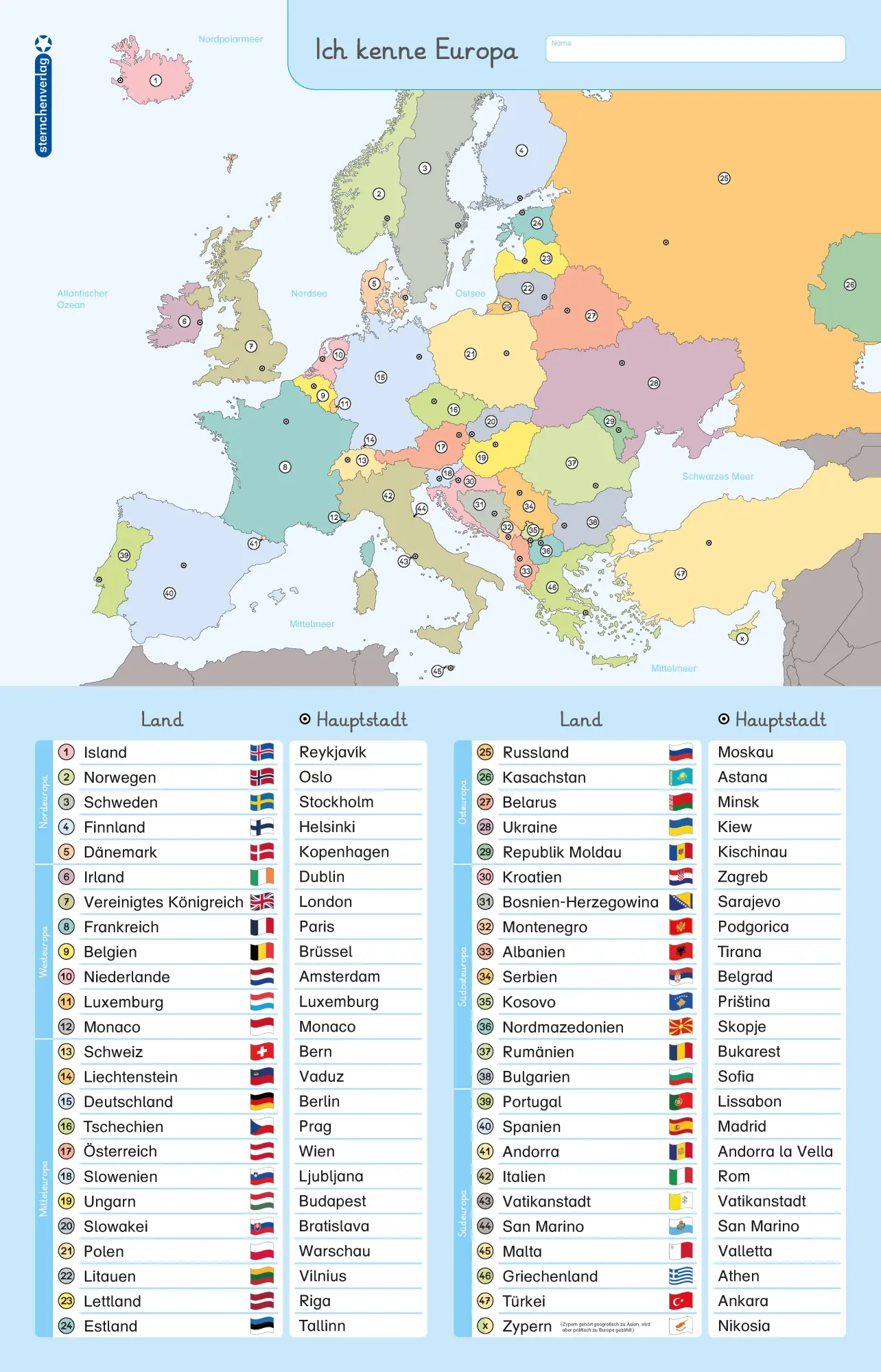 Rückseite: 9783910429130 | Ich kenne Europa - Länder und Hauptstädte - Lerntafel mit Stift | 2 S.