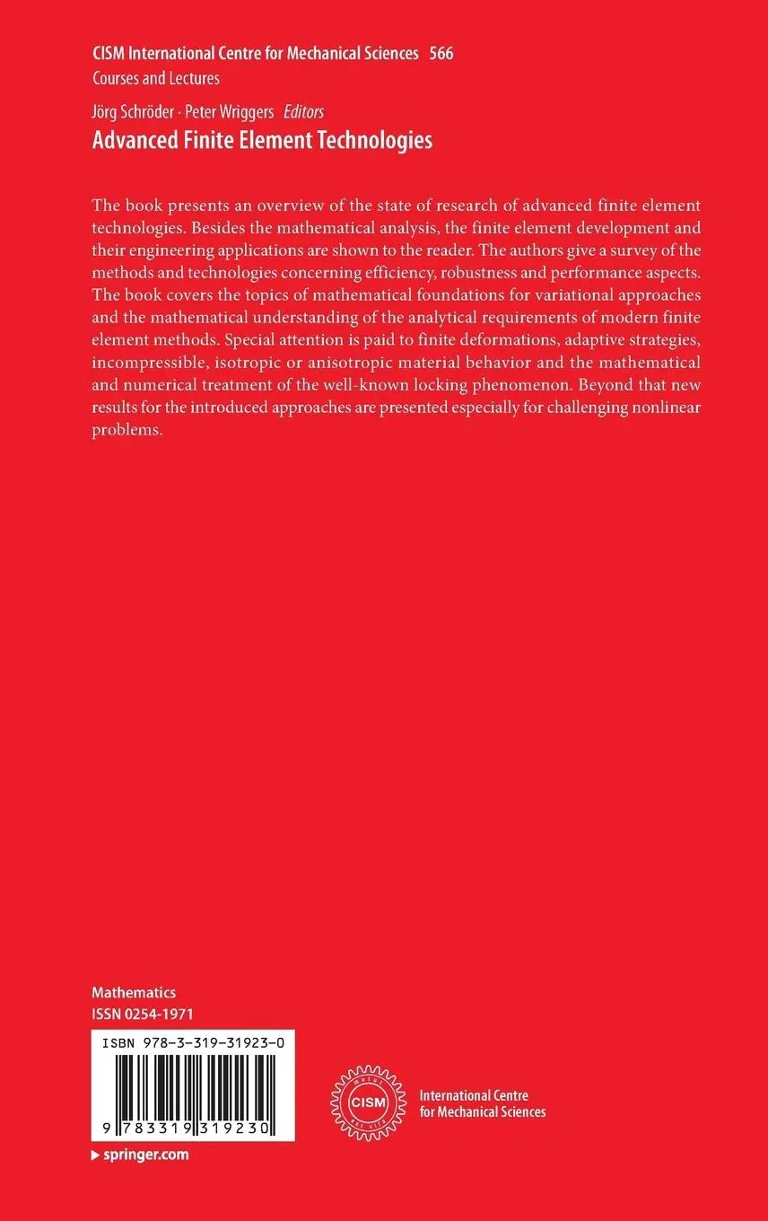 Rückseite: 9783319319230 | Advanced Finite Element Technologies | Peter Wriggers (u. a.) | Buch