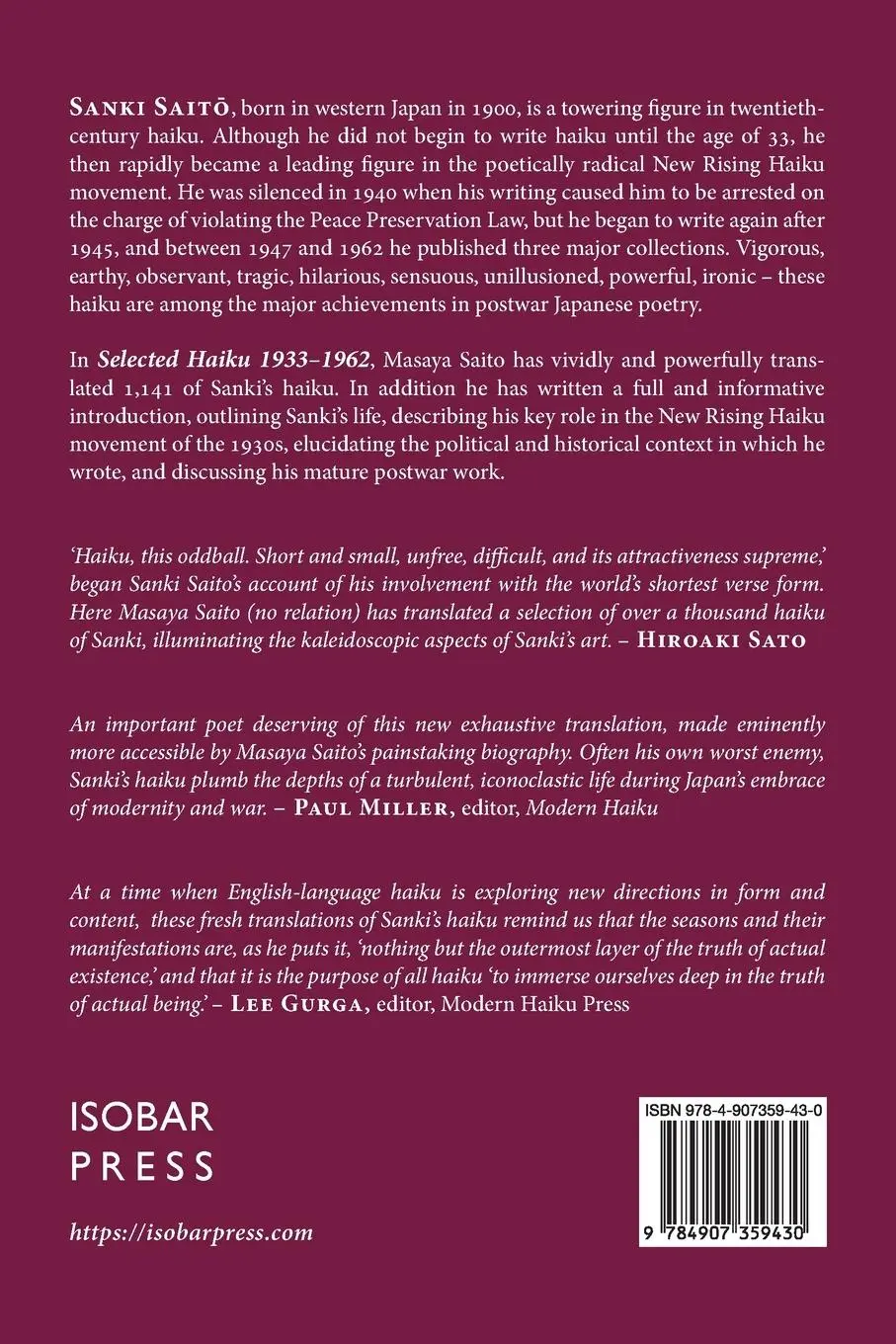 Rückseite: 9784907359430 | Selected Haiku 1933-1962 | Sanki Saito | Taschenbuch | Englisch | 2023
