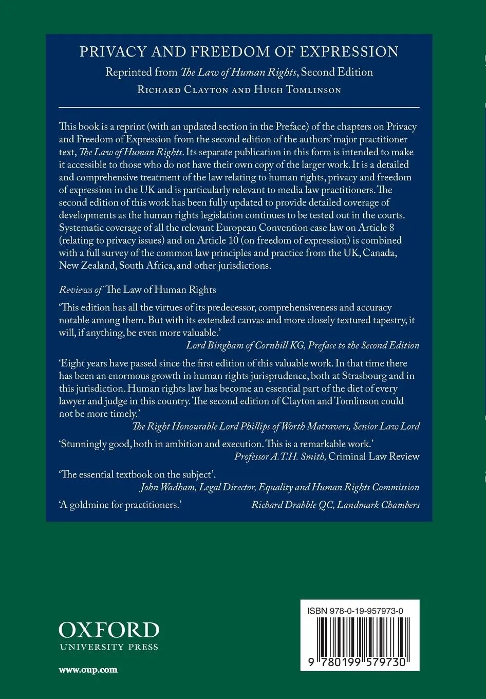 Rückseite: 9780199579730 | Privacy and Freedom of Expression | Richard Clayton Qc (u. a.) | Buch