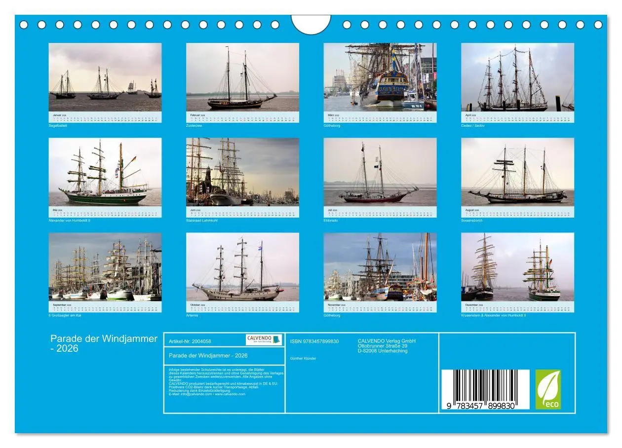 Bild: 9783457899830 | Parade der Windjammer - 2026 (Wandkalender 2026 DIN A4 quer),...