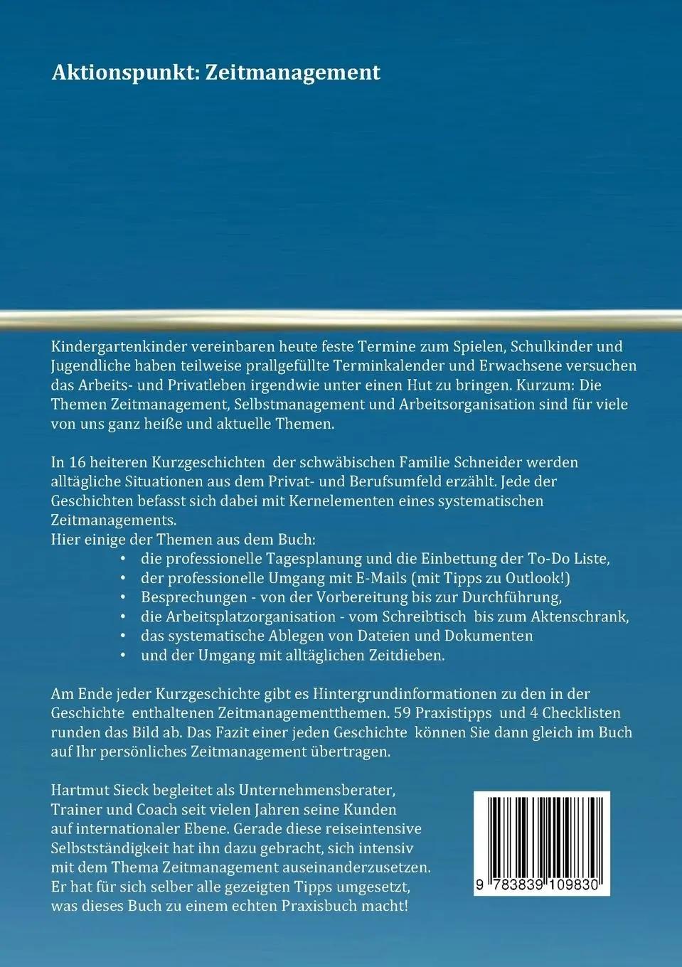 Rückseite: 9783839109830 | Aktionspunkt: Zeitmanagement | Hartmut Sieck | Taschenbuch | 136 S.