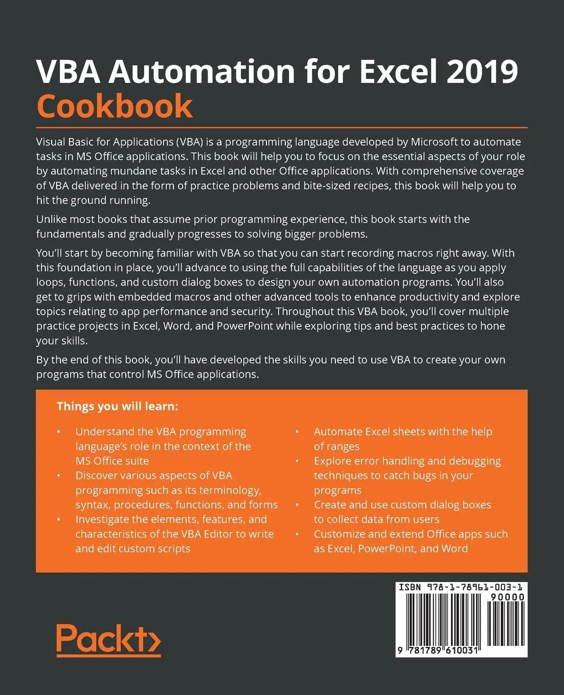 Rückseite: 9781789610031 | VBA Automation for Excel 2019 Cookbook | Mike Van Niekerk | Buch