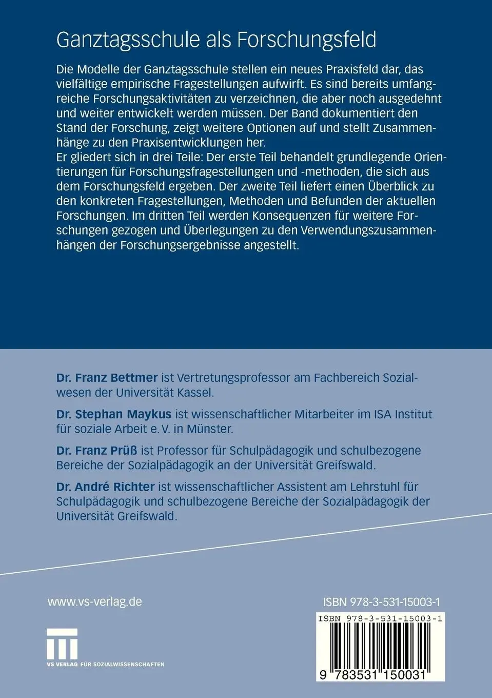 Rückseite: 9783531150031 | Ganztagsschule als Forschungsfeld | Franz Bettmer (u. a.) | Buch