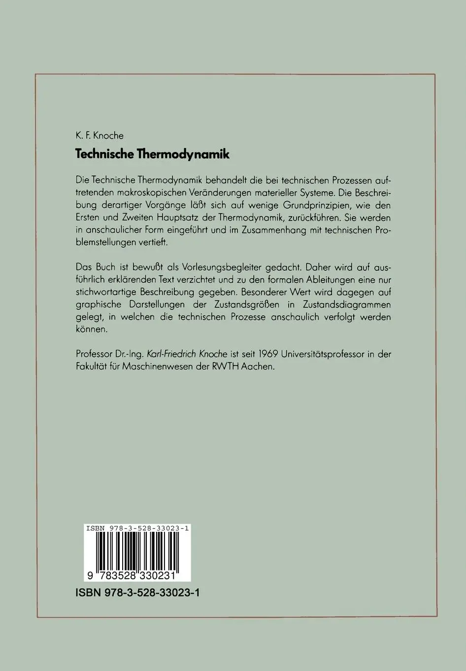 Rückseite: 9783528330231 | Technische Thermodynamik | Karl-Friedrich Knoche | Taschenbuch | viii