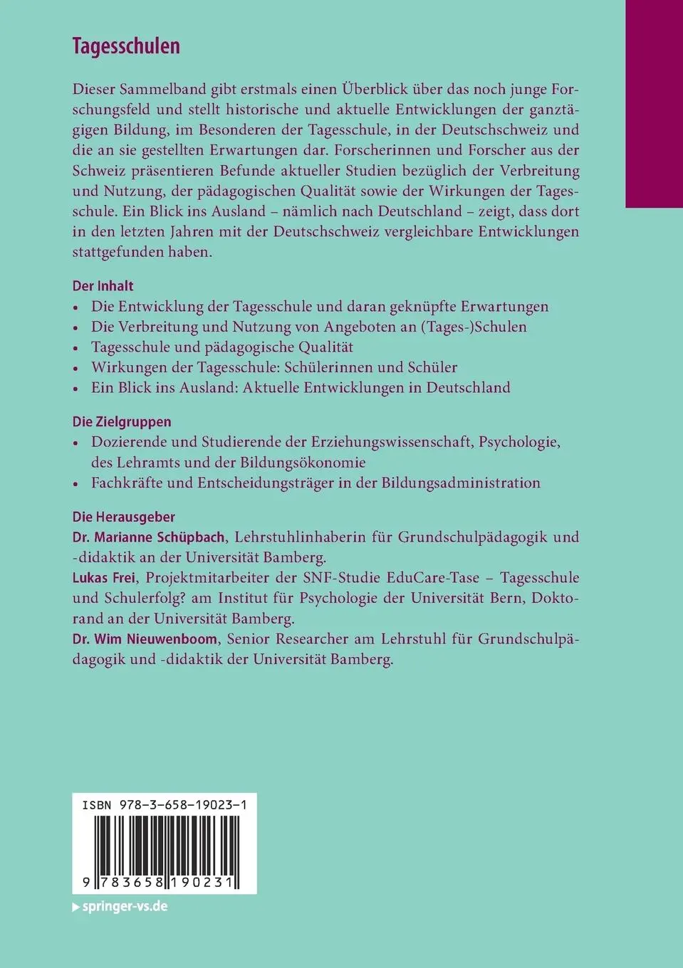 Rückseite: 9783658190231 | Tagesschulen | Ein Überblick | Marianne Schüpbach (u. a.) | Buch | vi