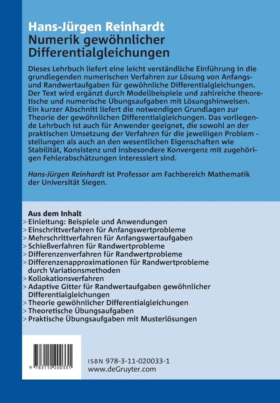 Rückseite: 9783110200331 | Numerik gewöhnlicher Differentialgleichungen | Hans-Jürgen Reinhardt