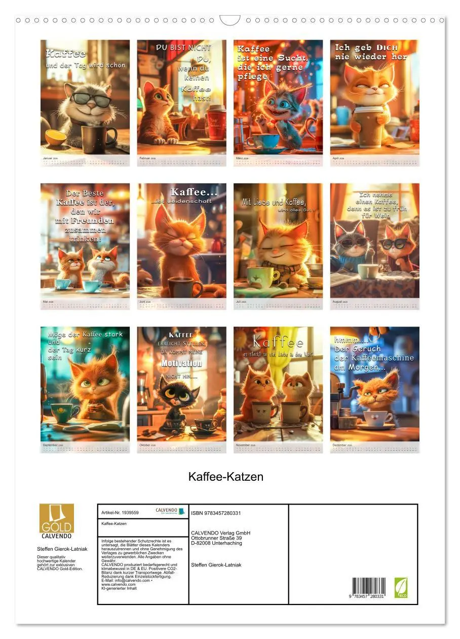 Bild: 9783457280331 | Kaffee-Katzen (Wandkalender 2026 DIN A2 hoch), CALVENDO Monatskalender