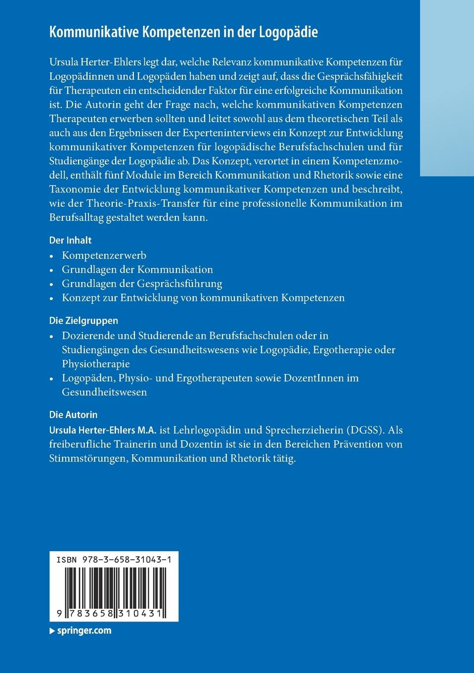 Rückseite: 9783658310431 | Kommunikative Kompetenzen in der Logopädie | Ursula Herter-Ehlers