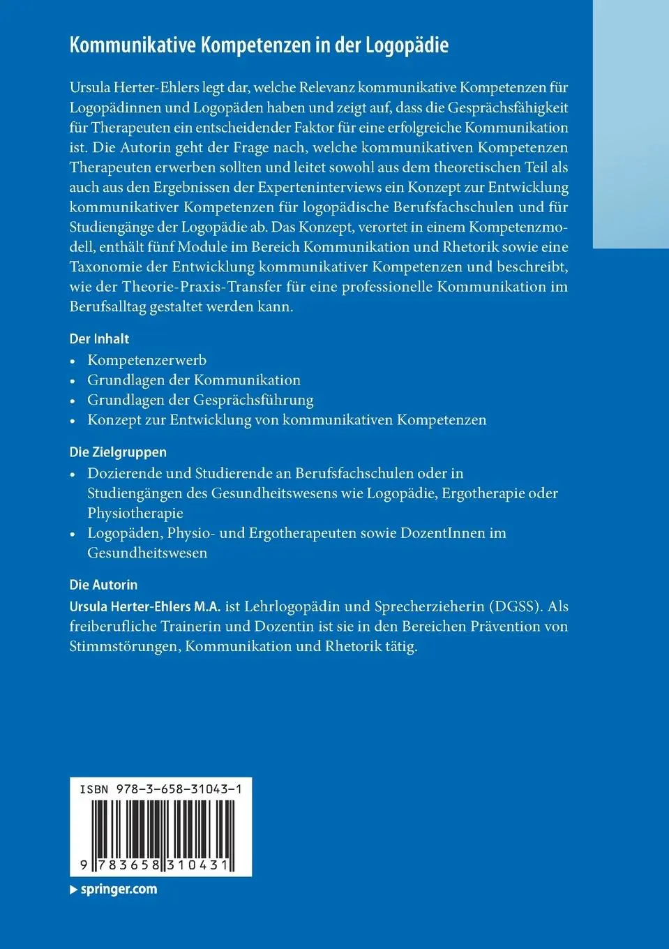 Rückseite: 9783658310431 | Kommunikative Kompetenzen in der Logopädie | Ursula Herter-Ehlers