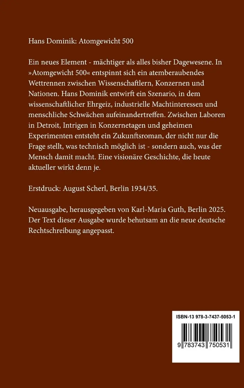 Rückseite: 9783743750531 | Atomgewicht 500 | Hans Dominik | Buch | 256 S. | Deutsch | 2025