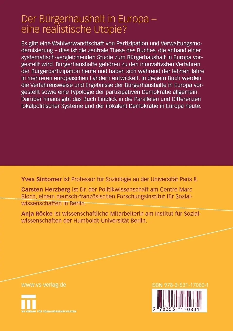 Rückseite: 9783531170831 | Der Bürgerhaushalt in Europa - eine realistische Utopie? | Taschenbuch