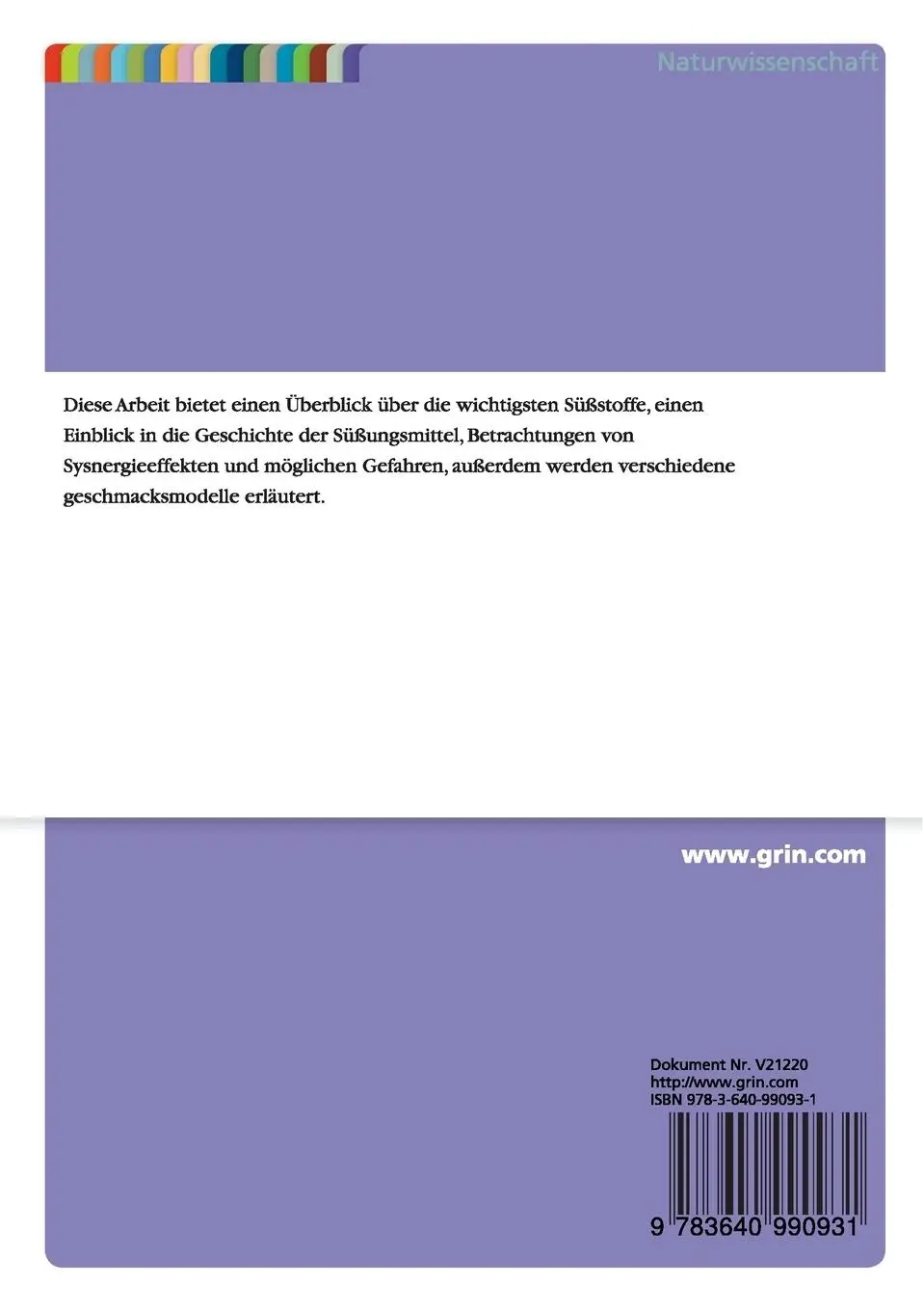 Rückseite: 9783640990931 | Die wichtigsten Süßstoffe im Überblick | Markus Breede | Taschenbuch