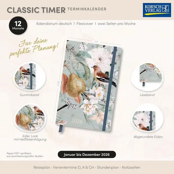 Bild: 9783731891031 | Terminkalender Classic Timer Frühlingszauber 2026 | Verlag Korsch