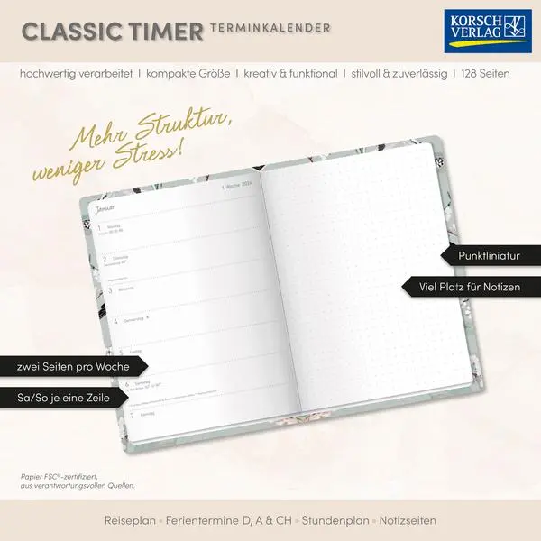 Bild: 9783731891031 | Terminkalender Classic Timer Frühlingszauber 2026 | Verlag Korsch