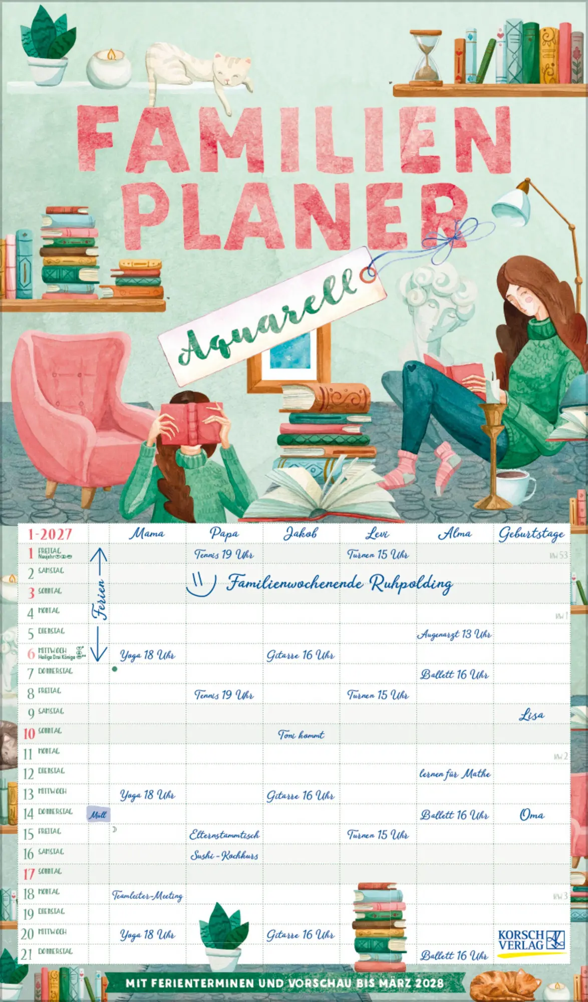 Cover: 9783819301131 | Familienplaner Aquarell 2027 | Verlag Korsch | Kalender | 14 S. | 2027