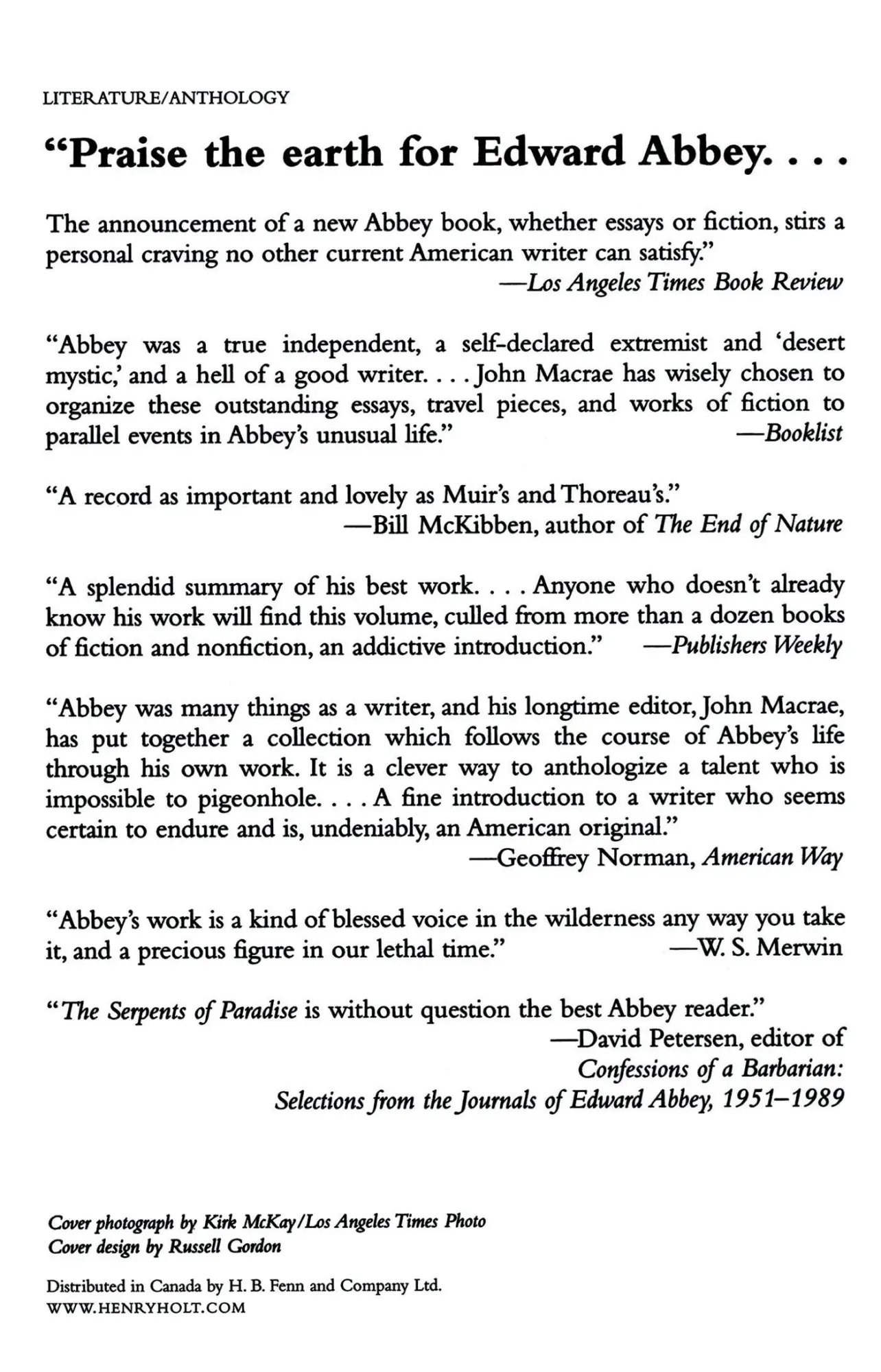 Rückseite: 9780805031331 | The Serpents of Paradise | A Reader | Edward Abbey | Taschenbuch