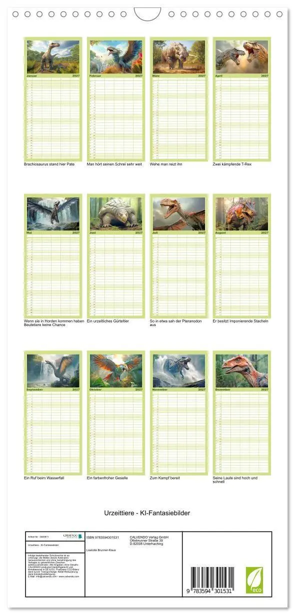 Bild: 9783594301531 | Familienplaner 2027 - Urzeittiere - KI-Fantasiebilder mit 5 Spalten...
