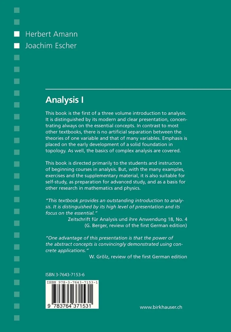 Rückseite: 9783764371531 | Analysis I | Herbert Amann (u. a.) | Taschenbuch | xv | Englisch