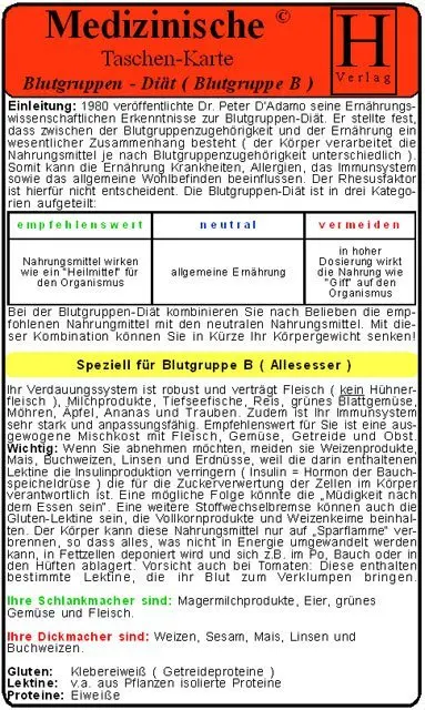 Cover: 9783939081531 | Blutgruppen-Diät - Blutgruppe B - Medizinische Taschen-Karte | Hawelka